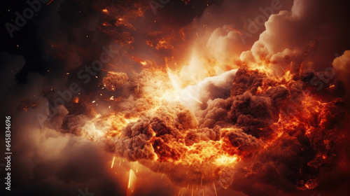 A thunderous explosion erupts, engulfing the surroundings in a violent tempest of fire, smoke, and heat.