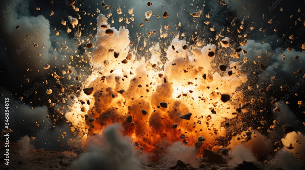 A detonation unleashes a cascade of exploding projectiles, creating a mesmerizing display of chaos and destruction. A detonation unleashes a cascade of exploding projectiles, creating a mesmerizing display of chaos and destruction.