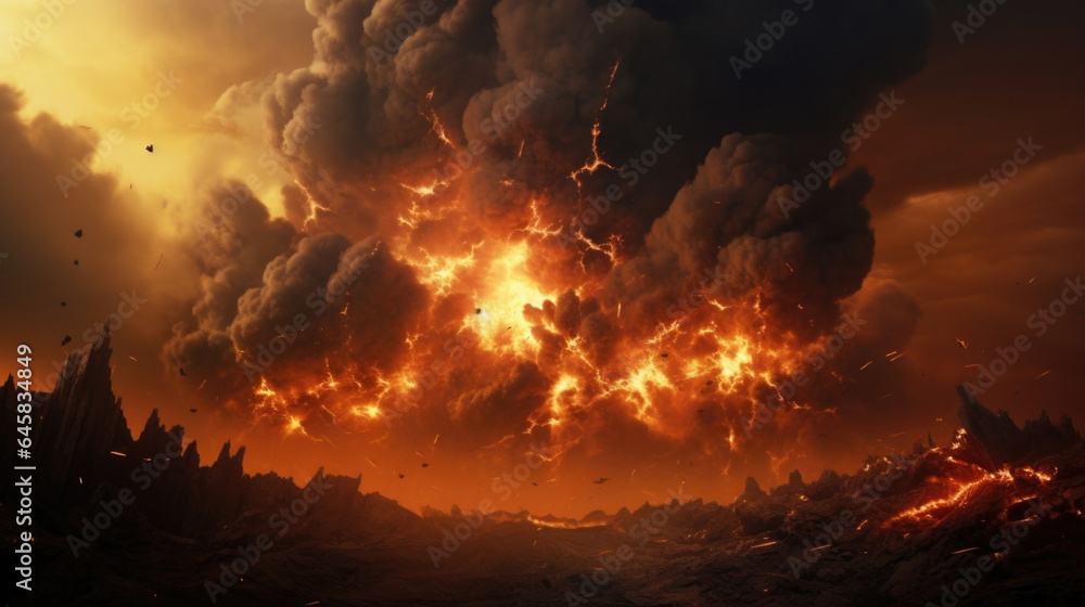 A thunderous explosion unleashes a wall of fire, obliterating everything in its path and leaving behind a devastated landscape.