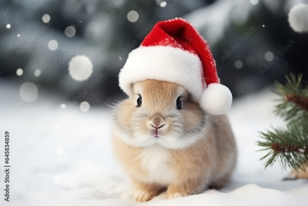 Cute portrait of an adorable festive Christmas rabbit wearing a Santa hat Cute portrait of an adorable festive Christmas rabbit wearing a Santa hat