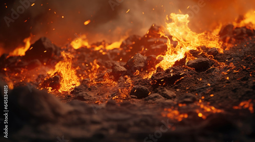 The ground beneath erupts violently, sending debris flying in all directions, while flames lick at the air above.