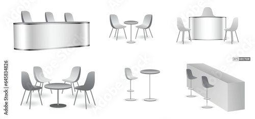 set of realistic trade exhibition chair and table or white blank kiosk or stand booth corporate. 3D Render