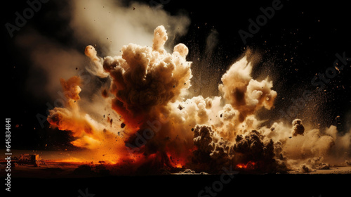 An artillery shell explodes upon impact, sending a plume of smoke and dust high into the air. photo
