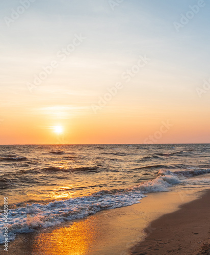 Landscape viewpoint vertical summer sea wind wave cool holiday calm coastal sunset sky light orange golden evening day look calm Nature tropical Beautiful sea water travel Bangsaen Beach thailand