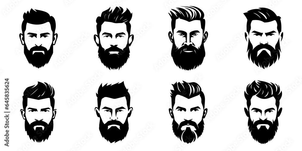 Man face portrait with full beard and mustache. Haircut black silhouette vector collection
