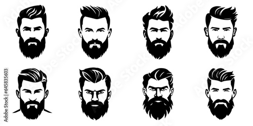 Man face portrait with full beard and mustache. Haircut black silhouette vector collection