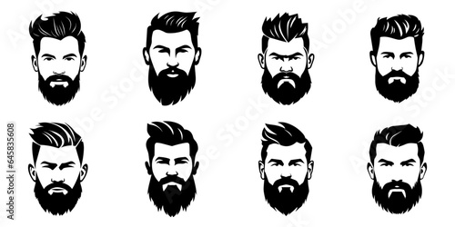 Man face portrait with full beard and mustache. Haircut black silhouette vector collection