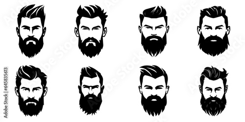 Man face portrait with full beard and mustache. Haircut black silhouette vector collection