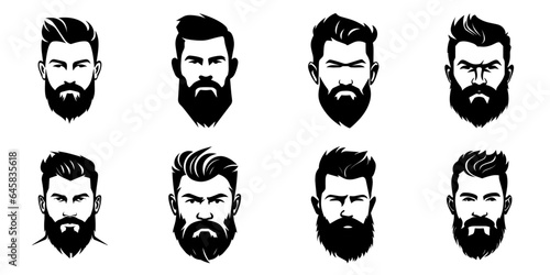 Man face portrait with full beard and mustache. Haircut black silhouette vector collection