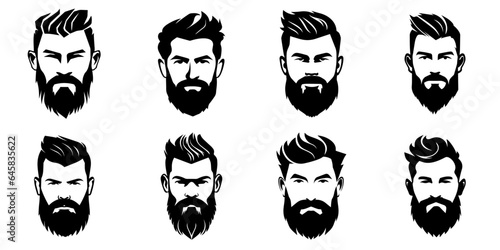 Man face portrait with full beard and mustache. Haircut black silhouette vector collection