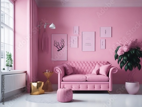 modern living room with purple sofa   pink background   high quality photo   ai generative image 