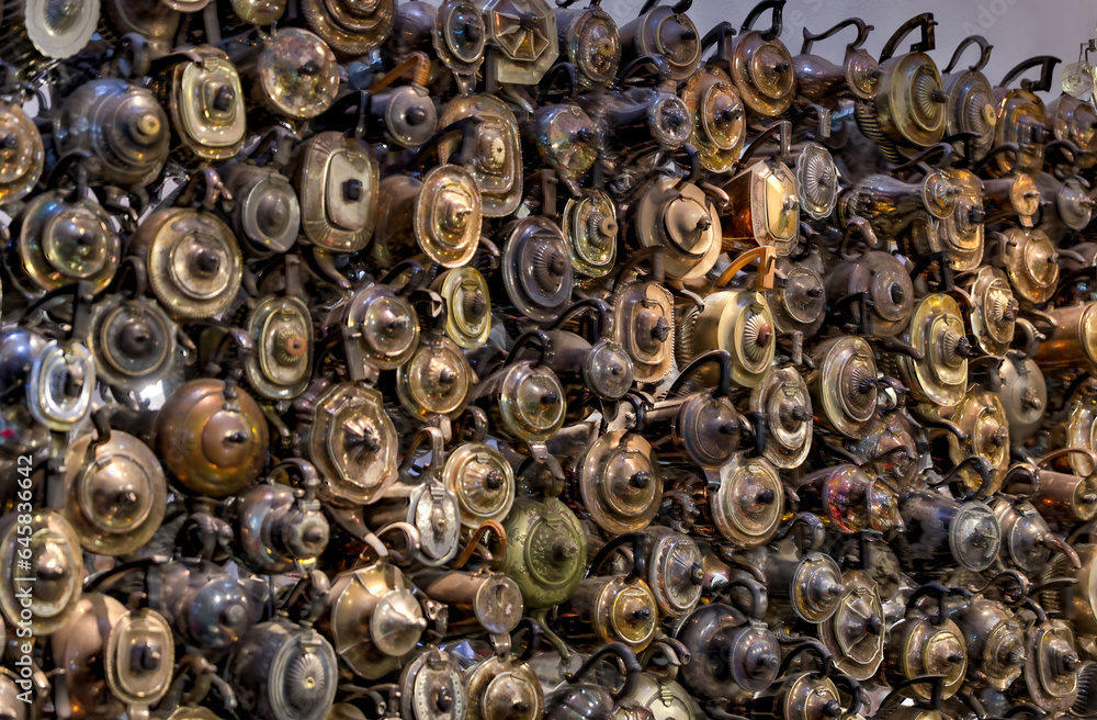 Istanbul, Turkey - July 22,2023: Close up metal tea kettles at a street vendor in Istanbul’s Grand Bazaar
