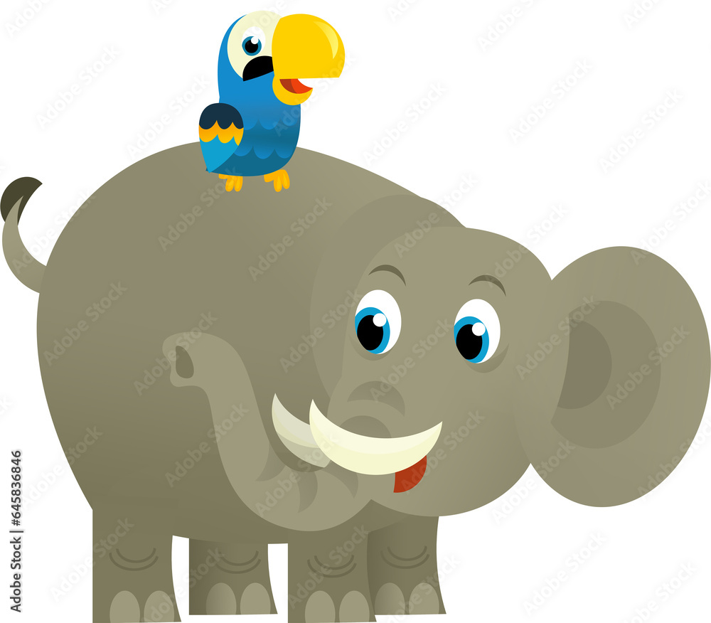 Obraz premium Cartoon wild animal happy young elephant and parrot on white background - illustration for the children