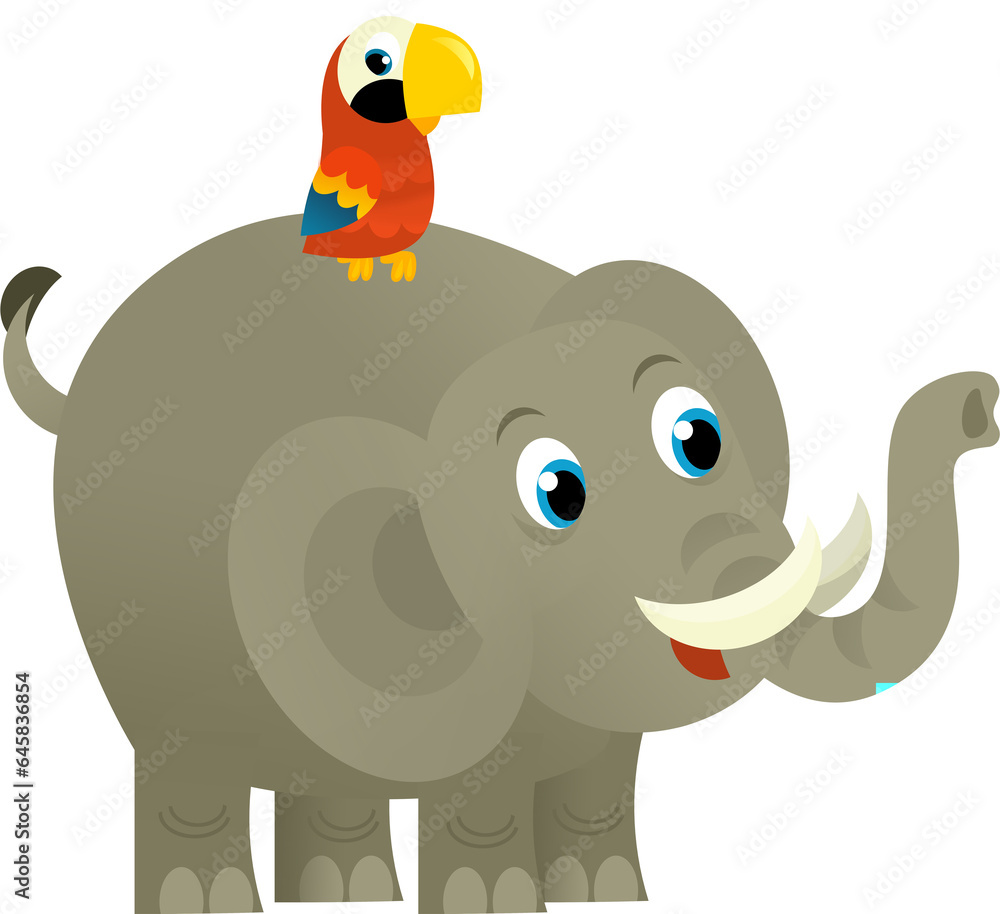 Fototapeta premium Cartoon wild animal happy young elephant and parrot on white background - illustration for the children