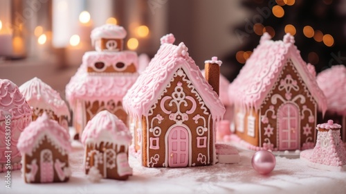 Homemade Pink Christmas Gingerbread House. Christmas house made from ginger cookies decorated in Christmas spirit with tree in background