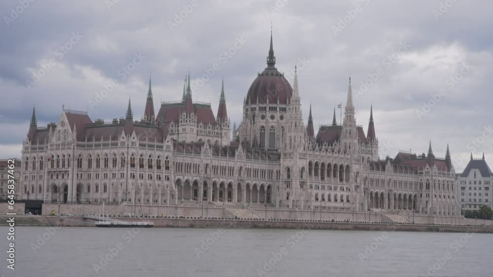 River view of the Hungarian Parliament building in Budapest. Slow motion. River view of the Hungarian Parliament building in Budapest. Slow motion.