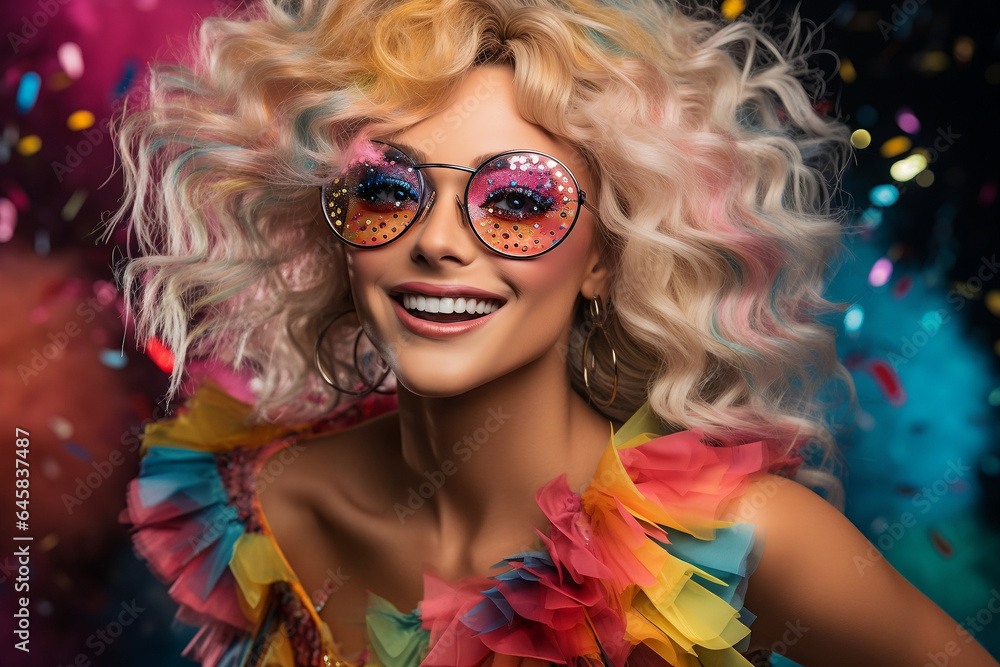 Whimsical Woman Rocking a Colorful New Year's Costume with Oversized Party Glasses Whimsical Woman Rocking a Colorful New Year's Costume with Oversized Party Glasses