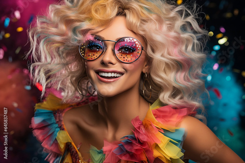 Whimsical Woman Rocking a Colorful New Year's Costume with Oversized Party Glasses