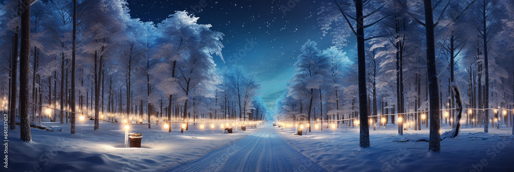 custom made wallpaper toronto digitala snow - covered forest, frozen lake, families ice - skating, snowmen, and fairy lights in the trees, captured during blue hour