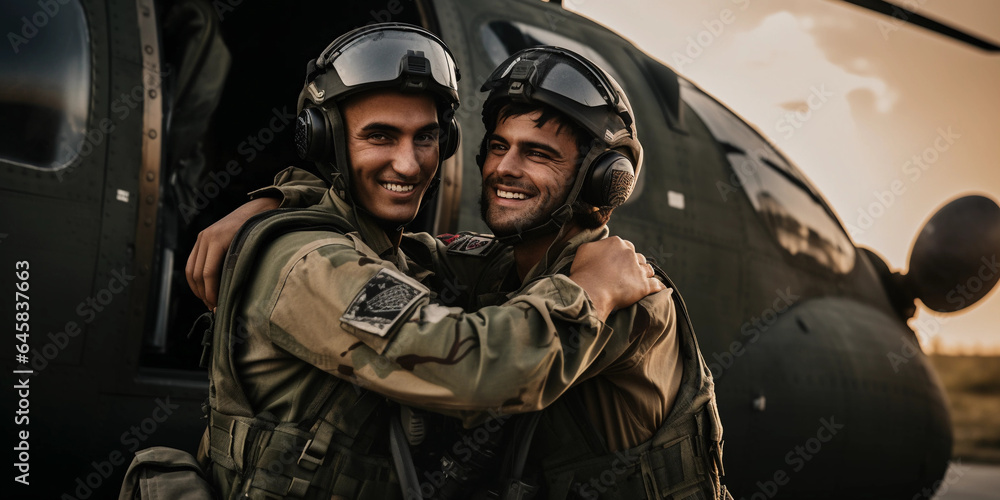 two soldiers in uniform, arms over each other's shoulders, standing in front of a military helicopter. Grateful expressions, unity in diversity two soldiers in uniform, arms over each other's shoulders, standing in front of a military helicopter. Grateful expressions, unity in diversity