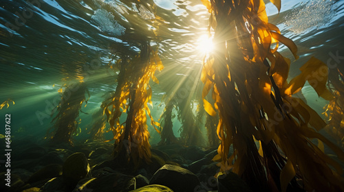 an aquarium’s kelp forest, giant kelp swaying in the artificial current, Garibaldi fish darting about. Late afternoon lighting