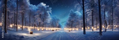 Wallpaper Mural a snow - covered forest, frozen lake, families ice - skating, snowmen, and fairy lights in the trees, captured during blue hour Torontodigital.ca