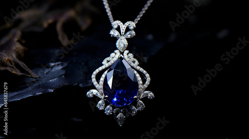 Pear - shaped sapphire pendant, white gold setting, encrusted with smaller diamonds, still life, natural light, displayed against dark mahogany wood, highly detailed