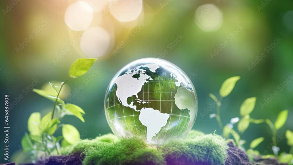 Crystal globe with sustainable development and ESG icon for environment social, governance, and business cooperation for World sustainable environment social governance concept. Crystal globe with sustainable development and ESG icon for environment social, governance, and business cooperation for World sustainable environment social governance concept.