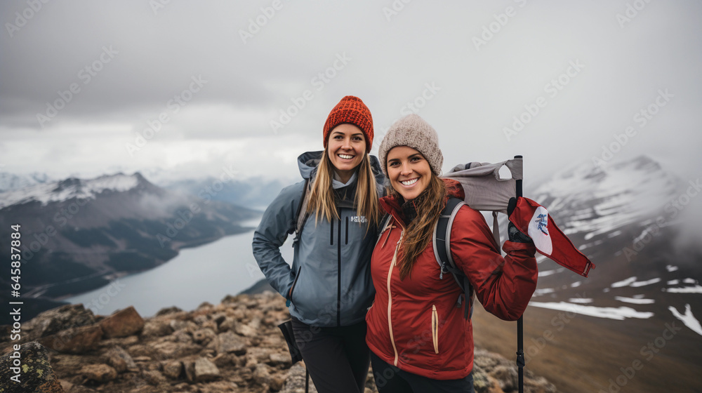 two female friends in hiking gear, standing triumphantly on a mountain peak, holding a flag Overcast skies, dynamic angle