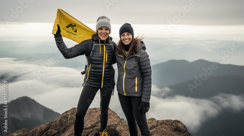 two female friends in hiking gear, standing triumphantly on a mountain peak, holding a flag Overcast skies, dynamic angle photo