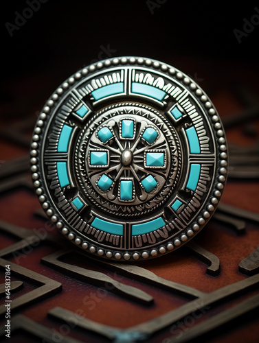 Turquoise and silver Native American brooch, shot against a southwestern patterned rug, studio flash lighting, vivid colors, hyper - realistic detail