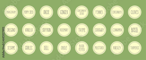 Vector set of herbs and spices stickers on dark grey background with handwritten text. Labels for packaging, food containers, SPA, cosmetics, healthcare, etc.