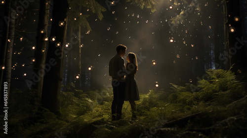 a forest clearing, fireflies illuminating the area, young couples dancing, Shakespearean atmosphere