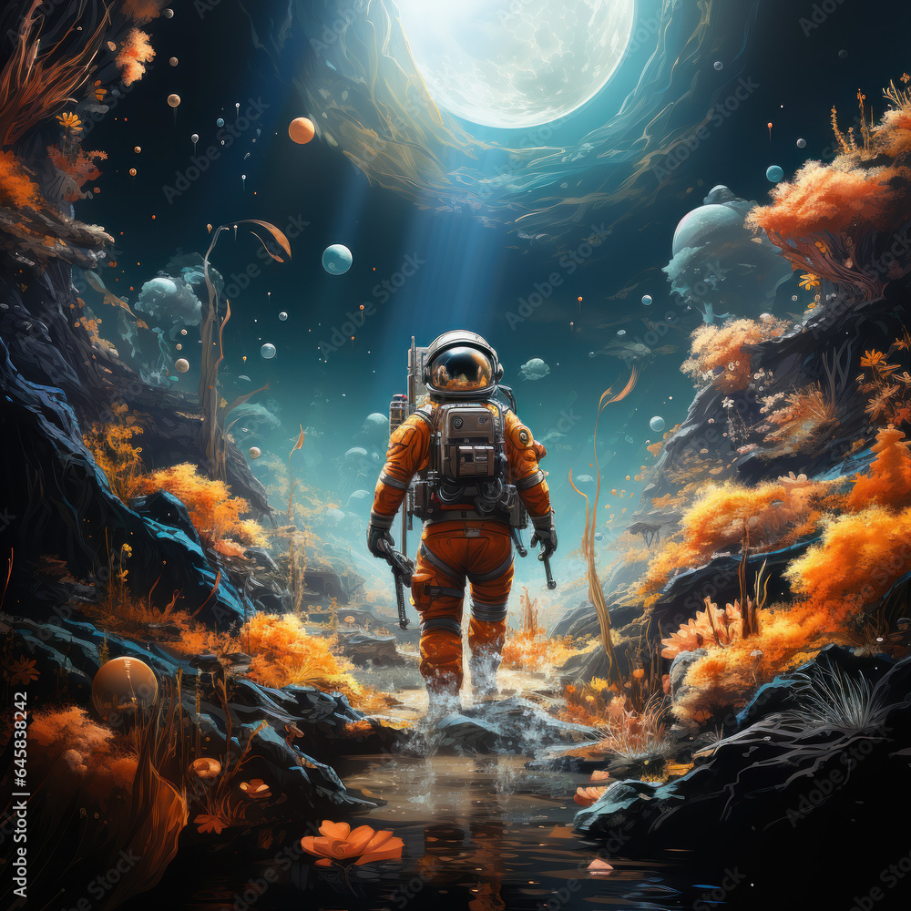 A kosmonaut walks on a water-covered surface
A kosmonaut walks on a water-covered surface