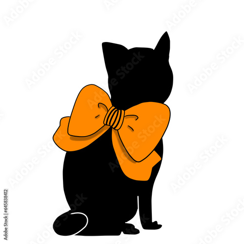 A silhouette of a sitting cat turning around with a big orange ribbon on its back
 photo