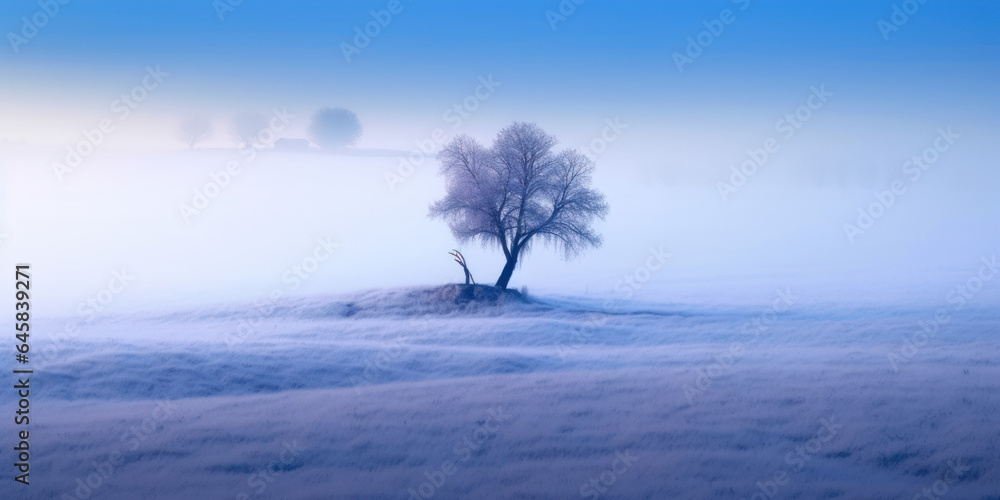 on a foggy autumn morning, a tree and a field in the countryside are covered with frost due to the first frost. AI Generation on a foggy autumn morning, a tree and a field in the countryside are covered with frost due to the first frost. AI Generation