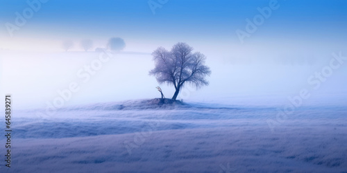on a foggy autumn morning, a tree and a field in the countryside are covered with frost due to the first frost. AI Generation  © Olmyntay