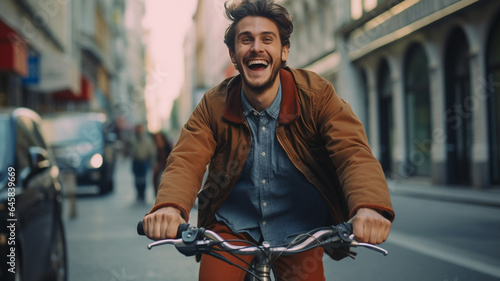 Happy excited person driving through the city streets on a bicycle