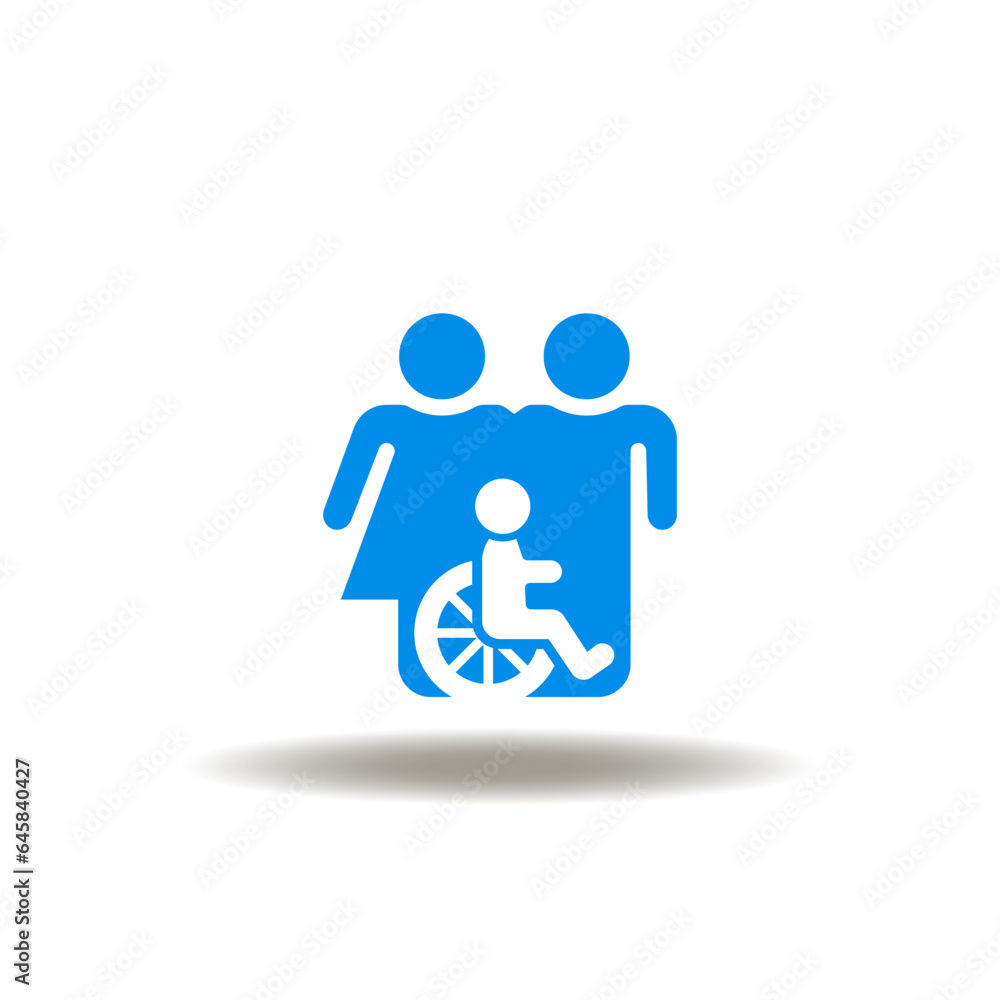 Vector illustration of familiy with disabled child. Icon of disabilities care. Symbol of ADA Americans Disability Act. Sign of protection of rights of invalid. Vector illustration of familiy with disabled child. Icon of disabilities care. Symbol of ADA Americans Disability Act. Sign of protection of rights of invalid.