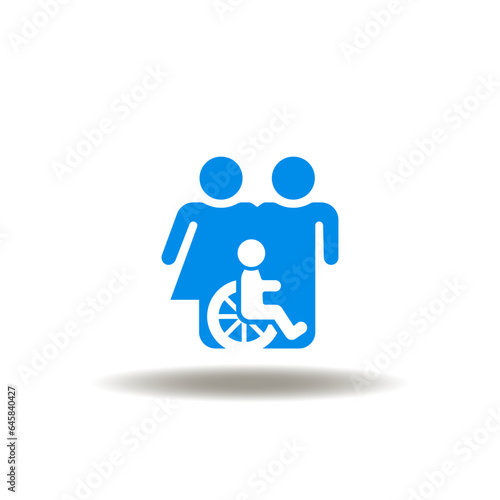 Vector illustration of familiy with disabled child. Icon of disabilities care. Symbol of ADA Americans Disability Act. Sign of protection of rights of invalid.