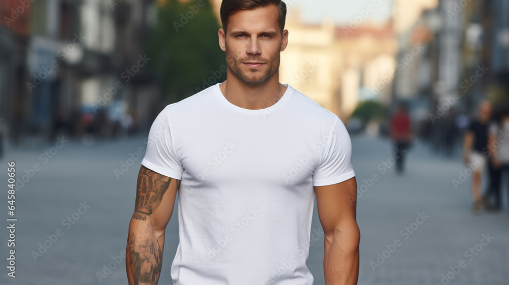 Attractive male wearing white blank t shirt or sweater, for mock up or product marketing and promotion Attractive male wearing white blank t shirt or sweater, for mock up or product marketing and promotion