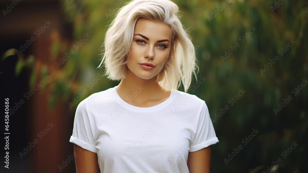 Attractive woman wearing white blank t-shirt or sweater on simple background, for mockup design or promotion Attractive woman wearing white blank t-shirt or sweater on simple background, for mockup design or promotion