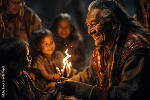 An indigenous elder sharing traditional stories and language with a younger generation around a campfire. Generative Ai.