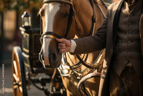 A close-up of a person's hand operating an old-fashioned horse-drawn carriage, a mode of urban transport in the past. Generative Ai.