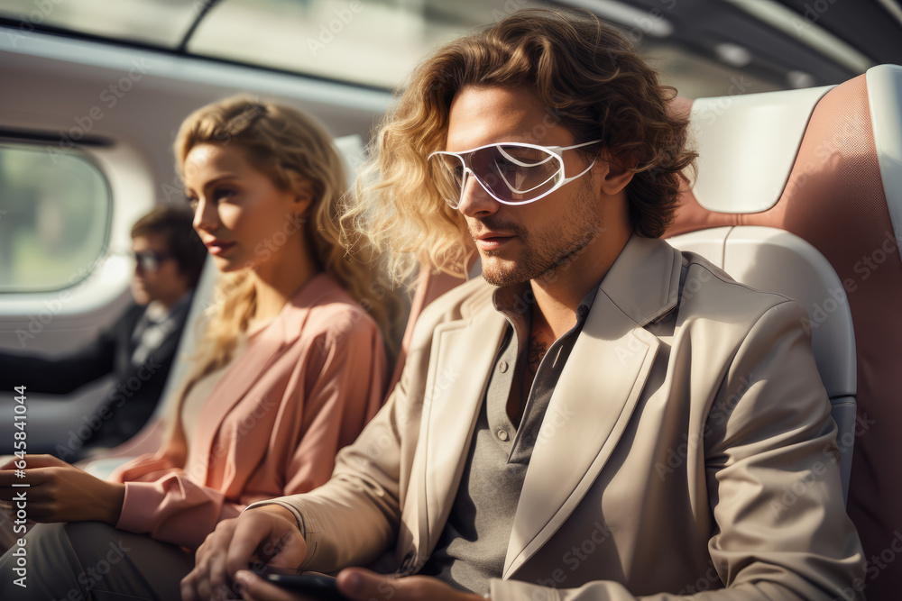 Passengers in a sleek and modern high-speed train, highlighting the latest advancements in rail travel. Generative Ai. Passengers in a sleek and modern high-speed train, highlighting the latest advancements in rail travel. Generative Ai.
