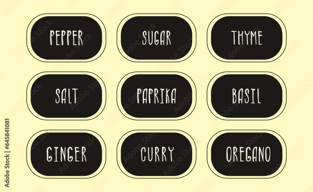 A set of 9 handwritten labels for marking jars and containers with spices. Pepper, salt, sugar, ginger, oregano. Abstract black stickers with handwritten text. Pantry organization.