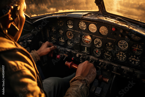 A close-up of a person's hand piloting a vintage fighter plane, symbolizing aviation progress during wartime. Generative Ai.