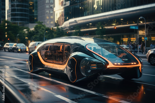 A futuristic self-driving car navigating city streets, representing the future of autonomous transportation. Generative Ai.