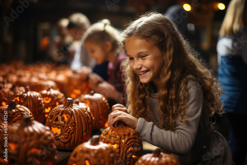 Children gather around a carved pumpkin, creating spooky and imaginative designs in preparation for Halloween. Concept of Pumpkin Carving. Generative Ai. © Sebastian