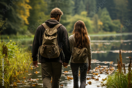 A couple enjoys a nature walk in a nearby nature reserve, escaping the hustle and bustle of daily life for a moment of tranquility. Generative Ai.